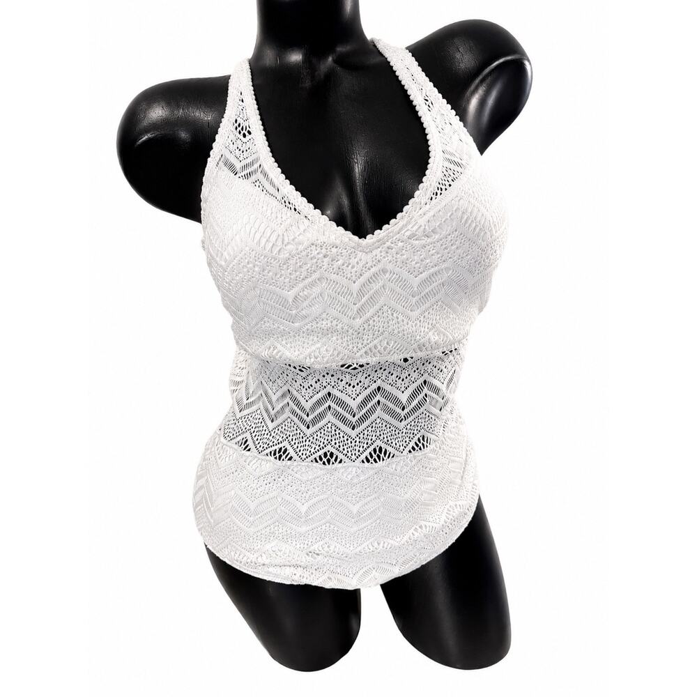 Soma Crochet One Piece Swimsuit Sz 12 White Halter Open Back Boho Padded Swim